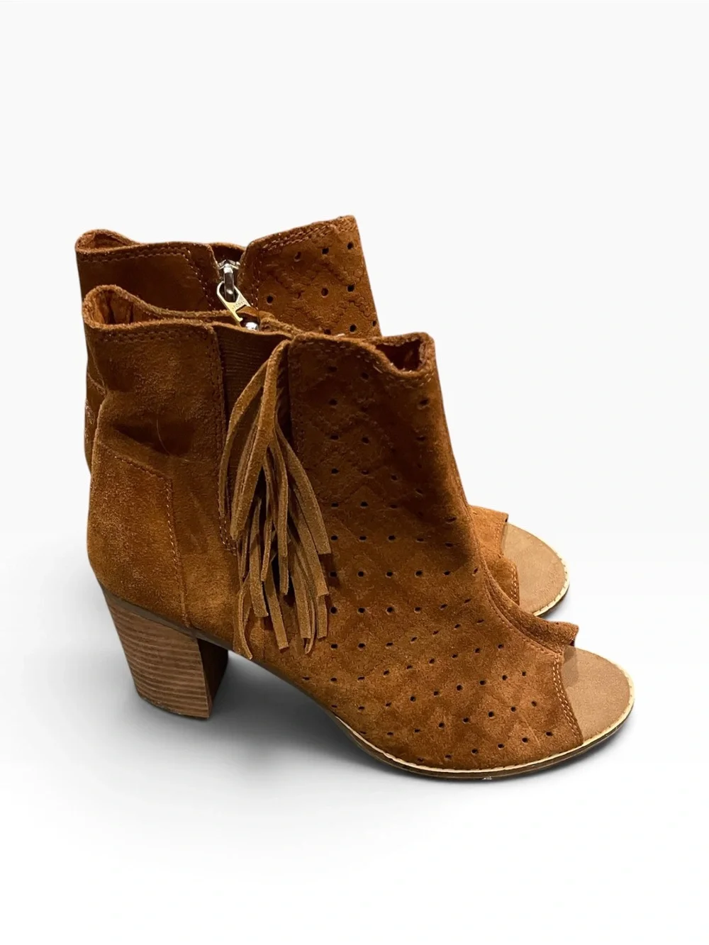 TOMS Women’s Open-Toe Fringe Suede Ankle Boots Brown Size 9.5
